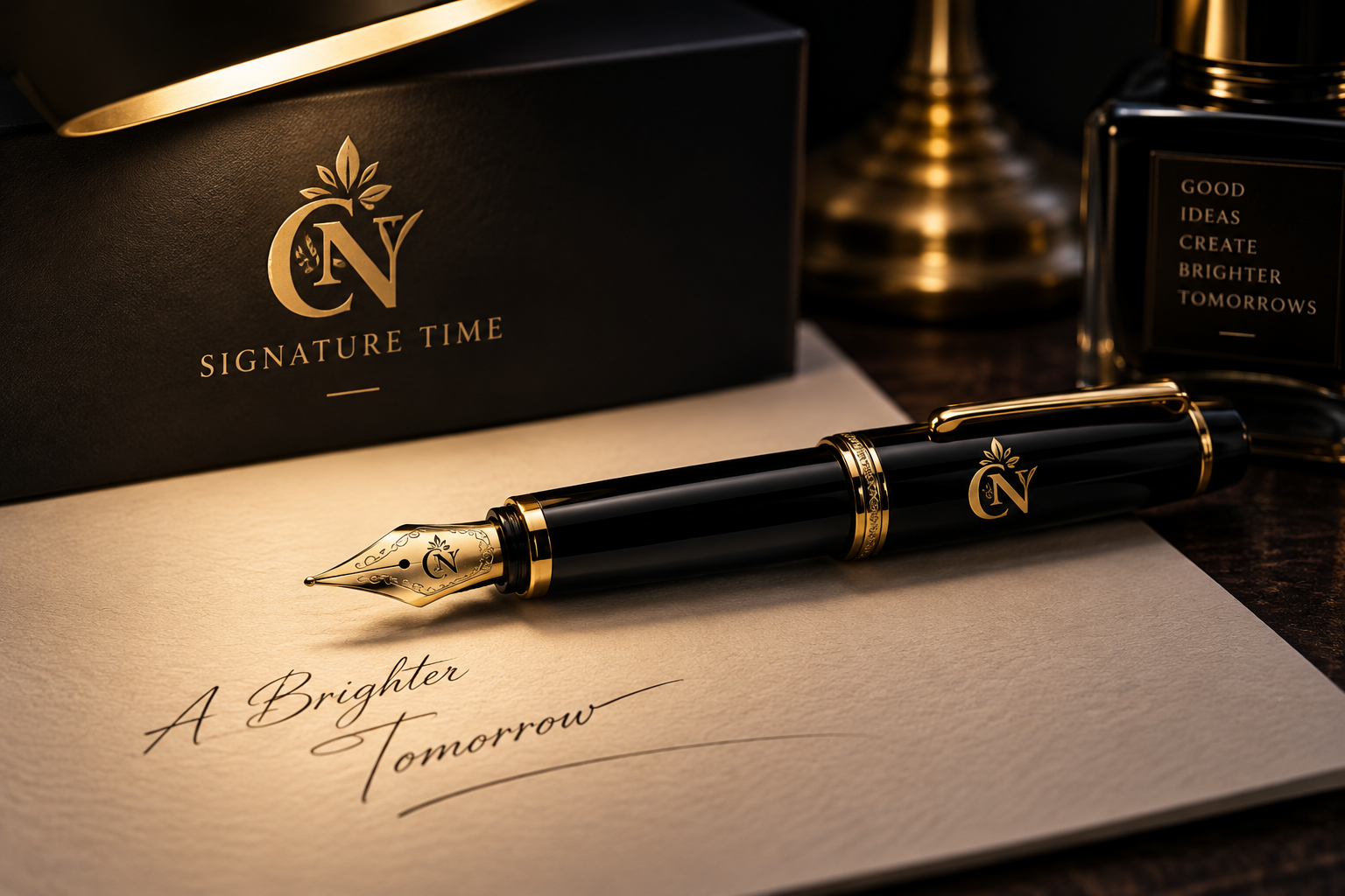 CY Group Signature Time fountain pen resting on hand-signed paper